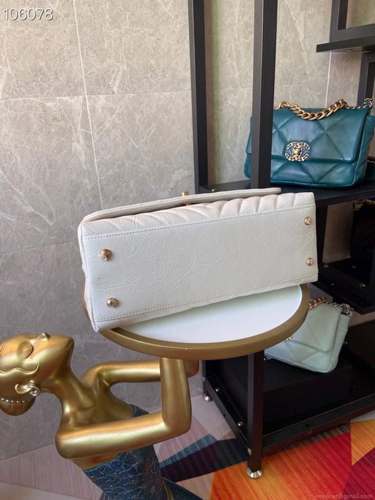 Chanel Large Top Handle Bag A92991 lambskin V gird White Gold