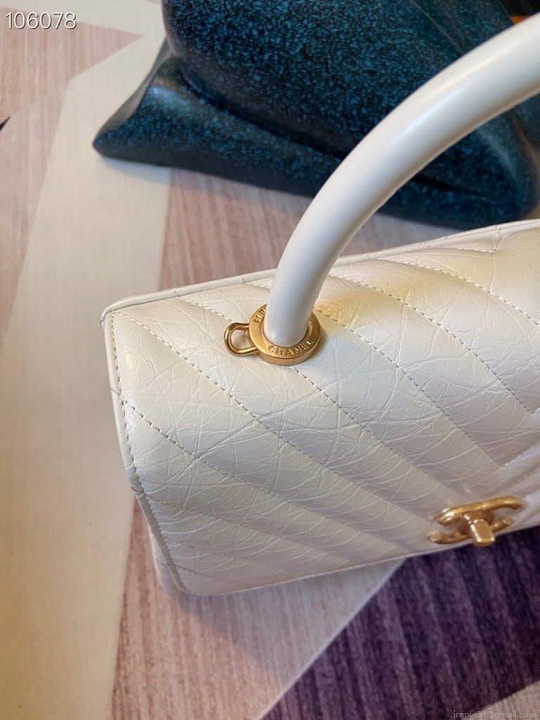 Chanel Large Top Handle Bag A92991 lambskin V gird White Gold