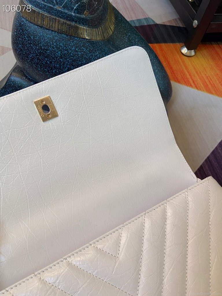 Chanel Large Top Handle Bag A92991 lambskin V gird White Gold