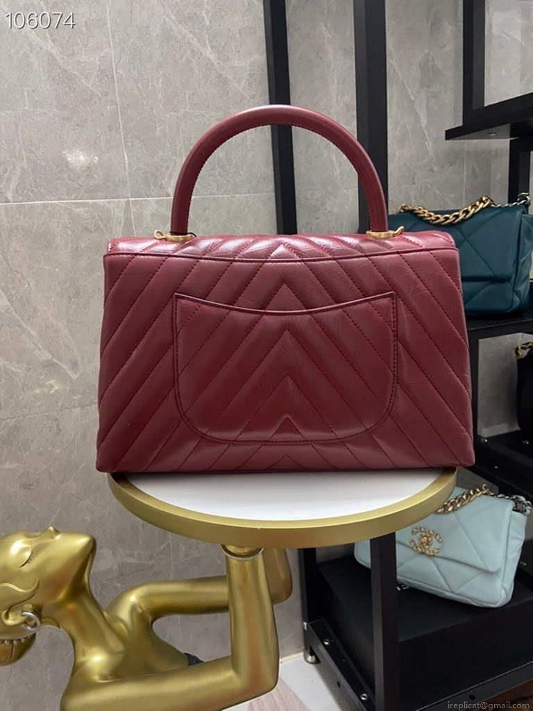 Chanel Large Top Handle Bag A92991 lambskin V gird Wine Red Gold