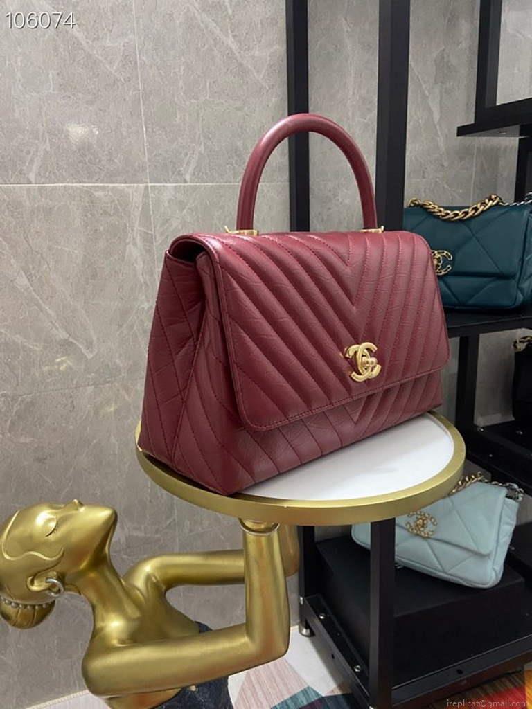 Chanel Large Top Handle Bag A92991 lambskin V gird Wine Red Gold