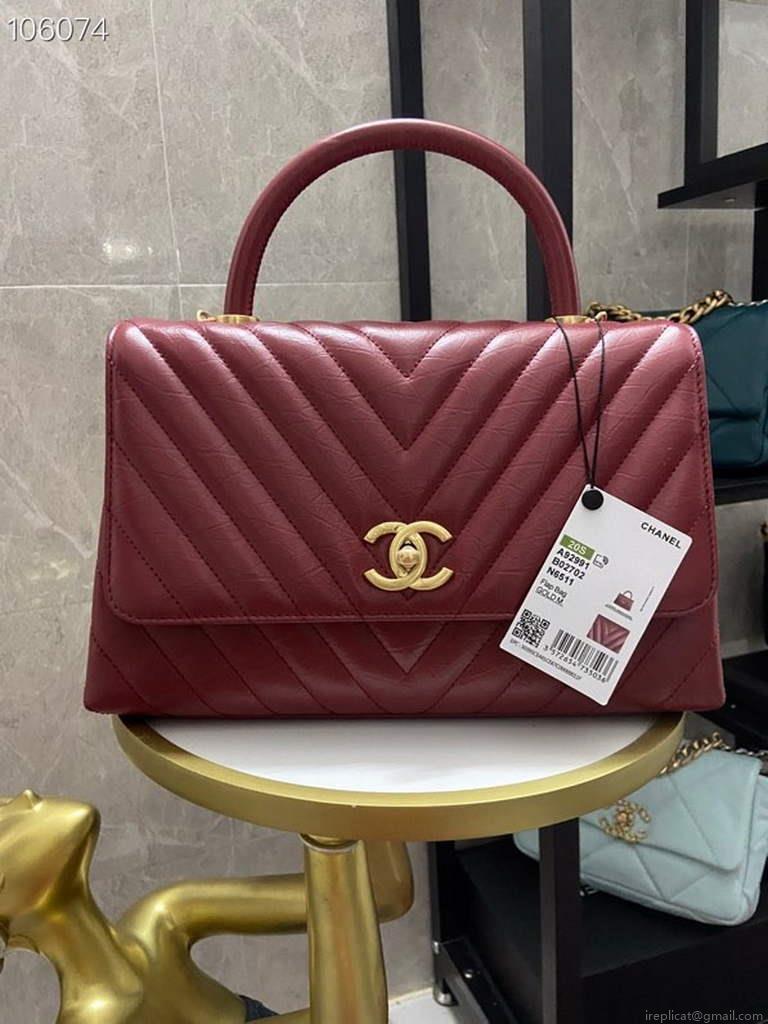 Chanel Large Top Handle Bag A92991 lambskin V gird Wine Red Gold