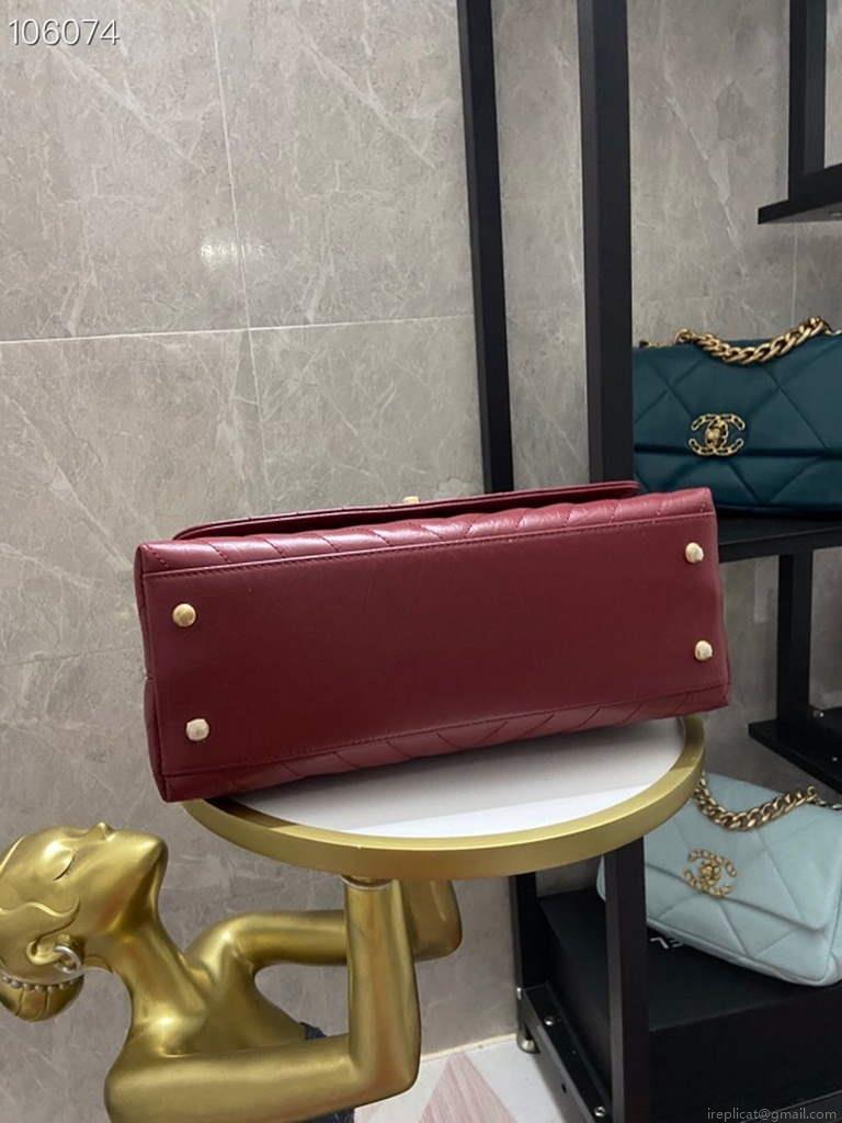 Chanel Large Top Handle Bag A92991 lambskin V gird Wine Red Gold