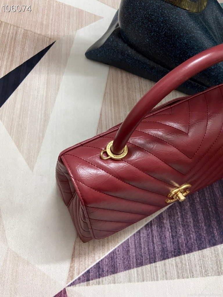 Chanel Large Top Handle Bag A92991 lambskin V gird Wine Red Gold