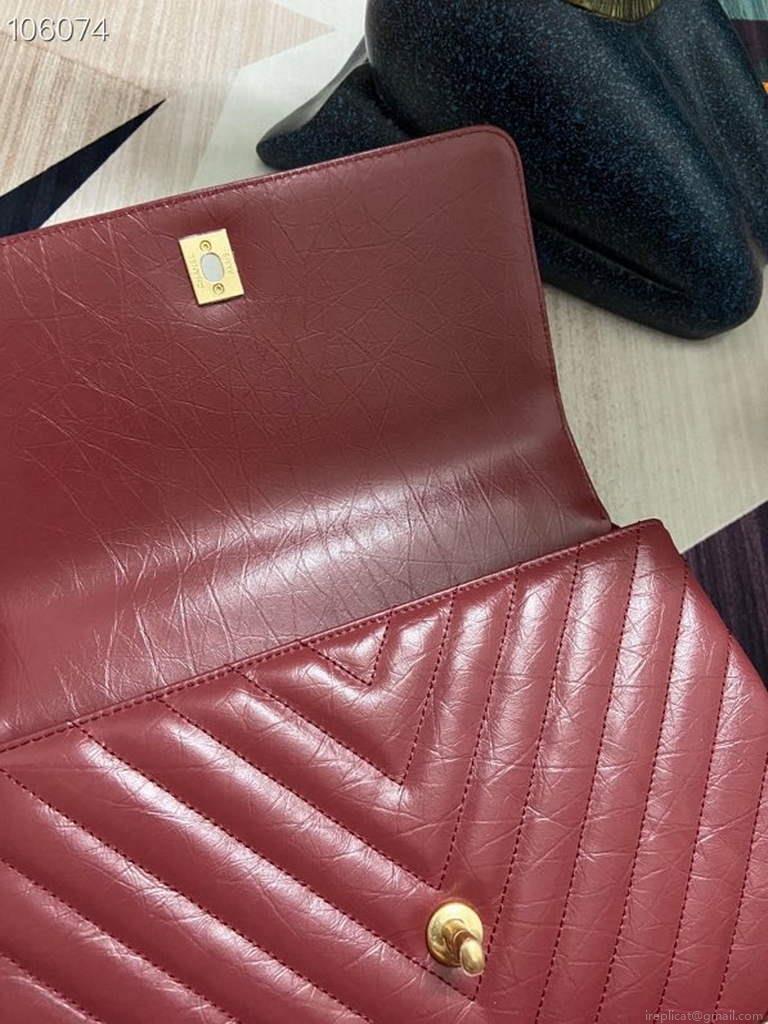 Chanel Large Top Handle Bag A92991 lambskin V gird Wine Red Gold