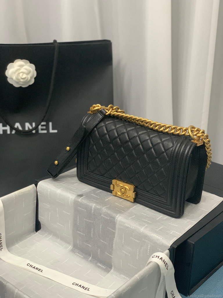 Chanel A67086 Boy Handbag Black Leather Gold