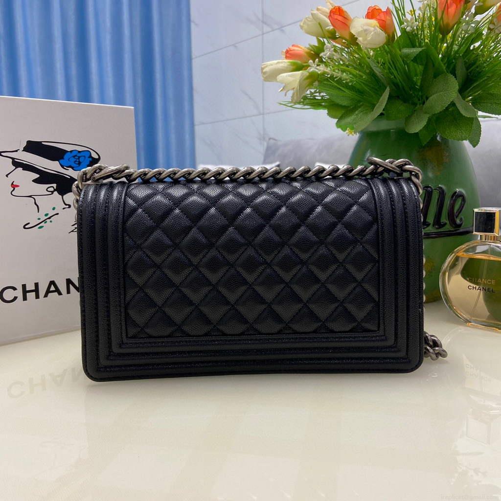Chanel A67086 Boy Handbag Black Leather Dark Silver