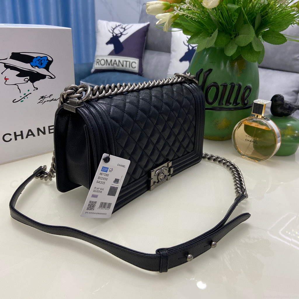 Chanel A67086 Boy Handbag Black Leather Dark Silver