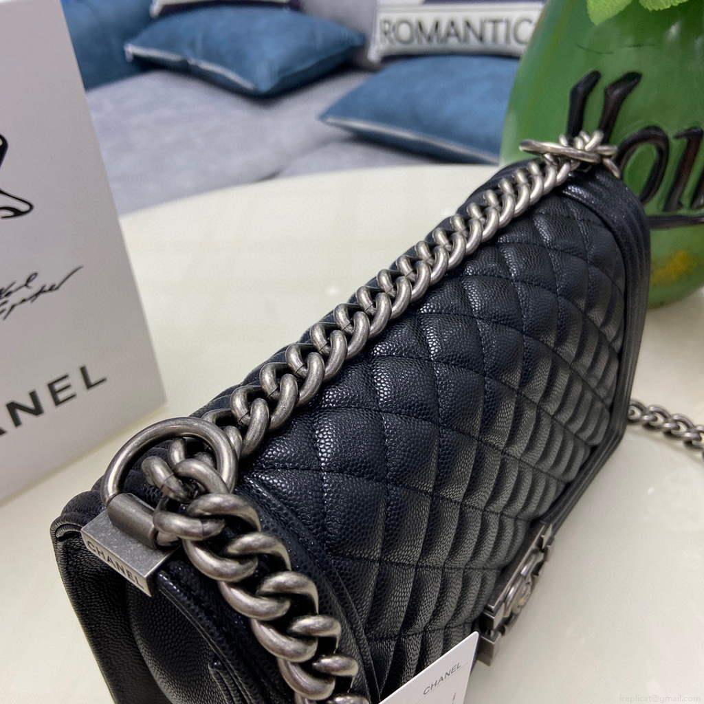 Chanel A67086 Boy Handbag Black Leather Dark Silver