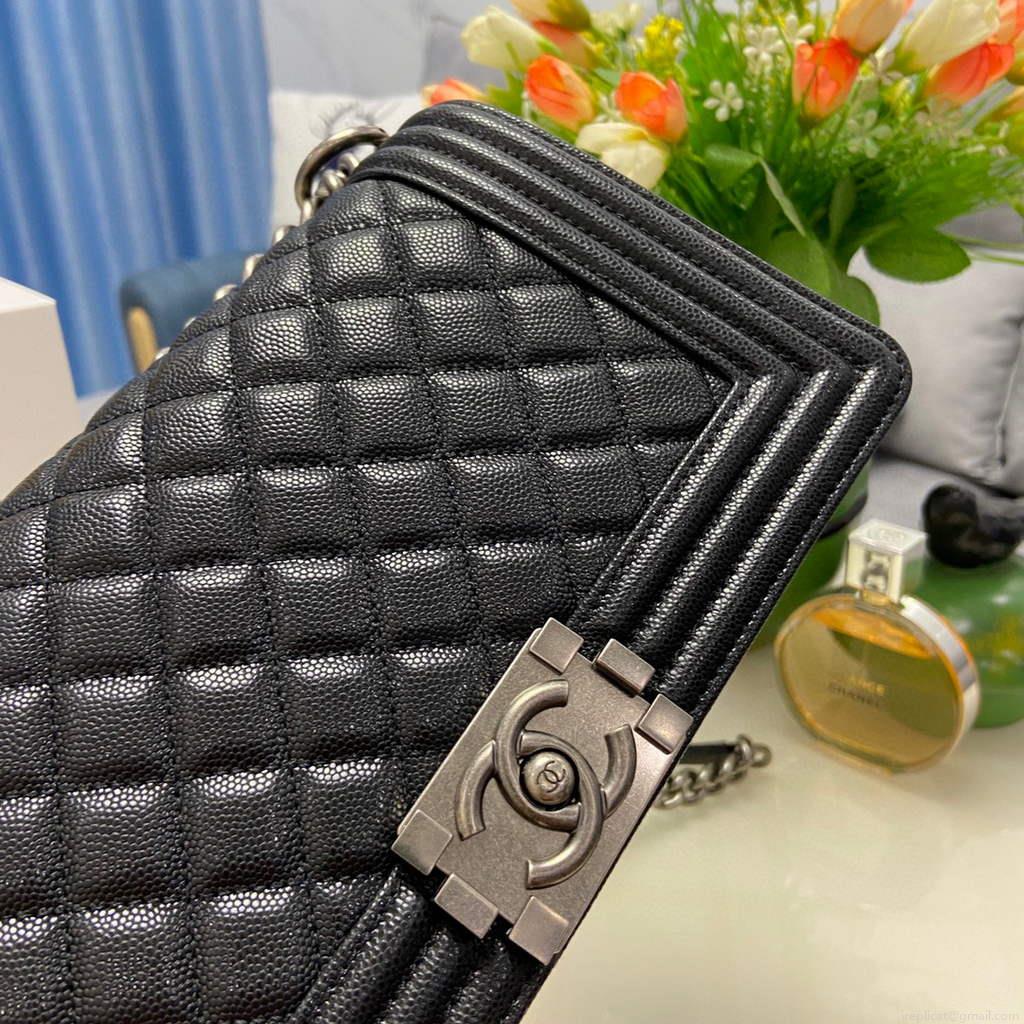 Chanel A67086 Boy Handbag Black Leather Dark Silver