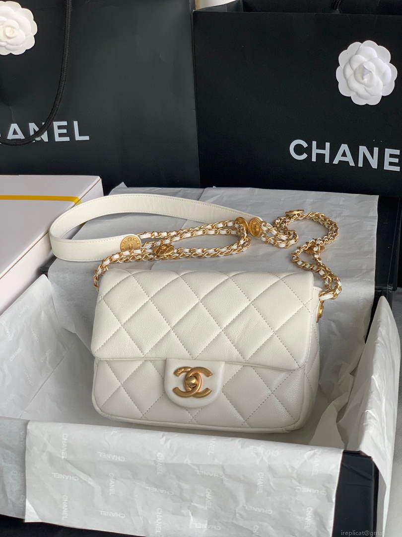 Chanel Small Flap Bag Shiny Calfskin Gold-Tone Metal AS3369 White