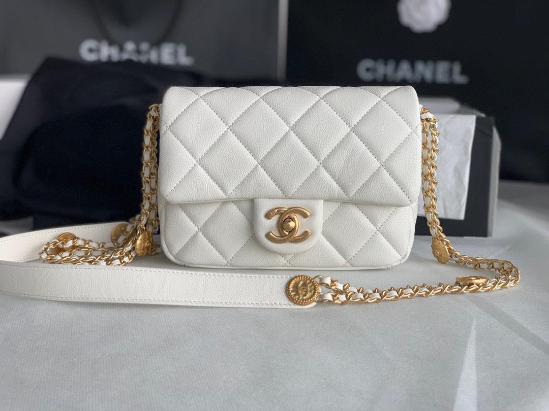 Chanel Small Flap Bag Shiny Calfskin Gold-Tone Metal AS3369 White