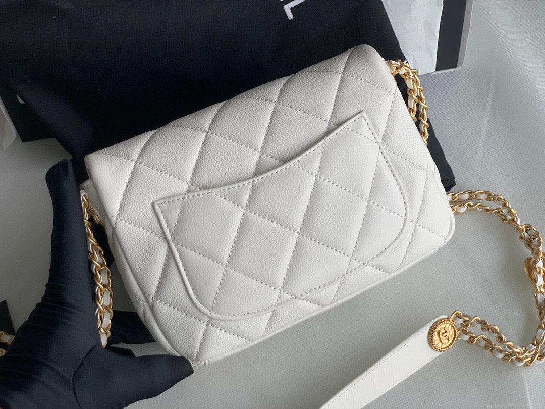 Chanel Small Flap Bag Shiny Calfskin Gold-Tone Metal AS3369 White