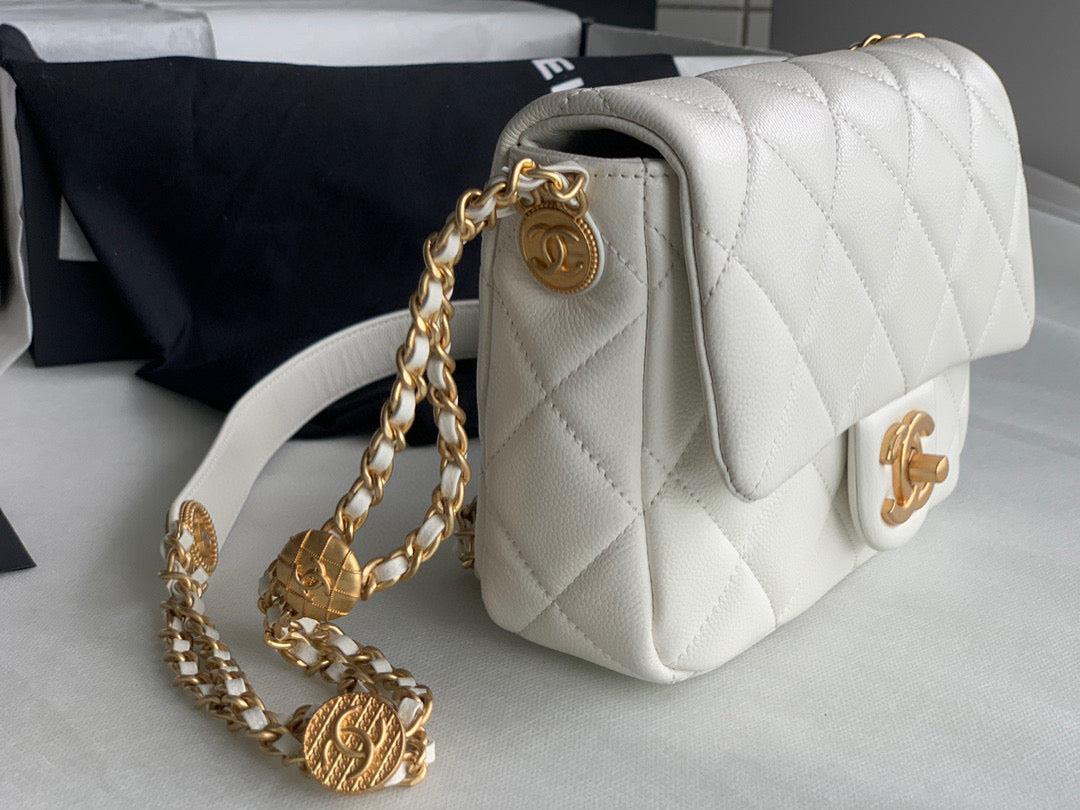 Chanel Small Flap Bag Shiny Calfskin Gold-Tone Metal AS3369 White