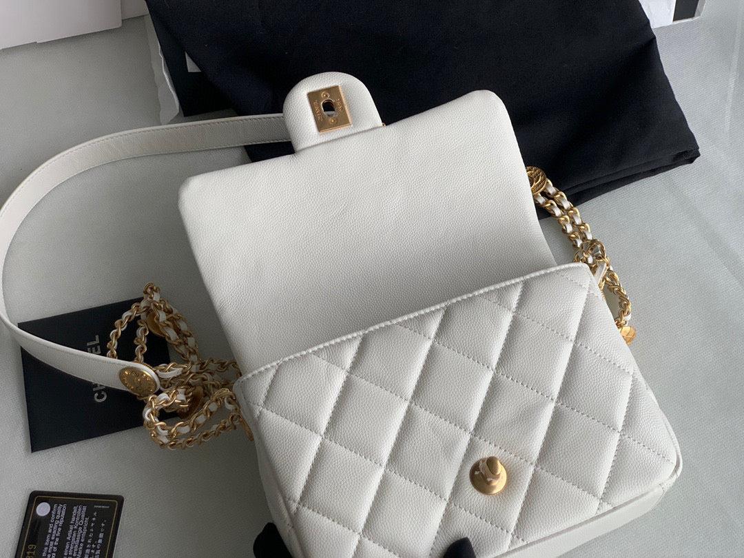 Chanel Small Flap Bag Shiny Calfskin Gold-Tone Metal AS3369 White