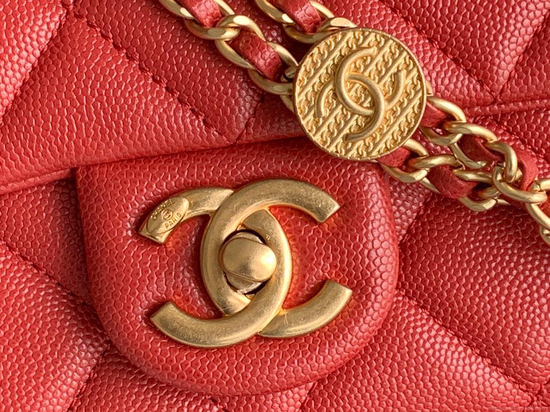 Chanel Small Flap Bag Shiny Calfskin Gold-Tone Metal AS3369 Red