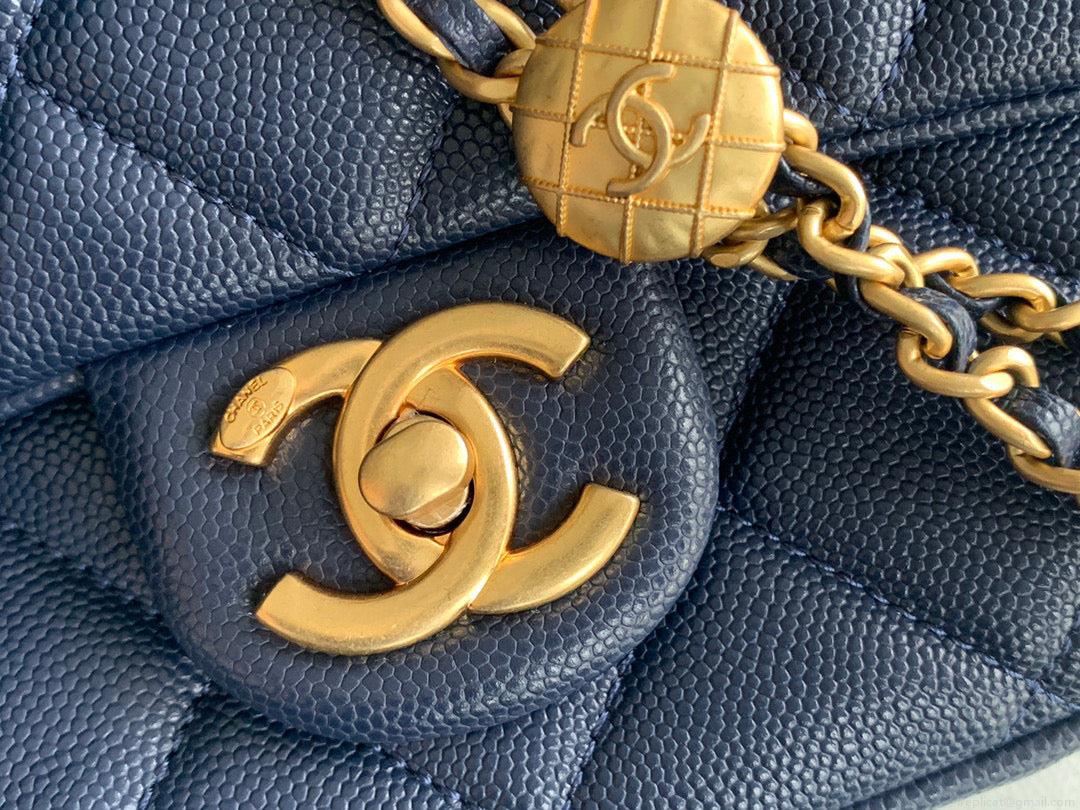 Chanel Small Flap Bag Shiny Calfskin Gold-Tone Metal AS3369 Navy Blue