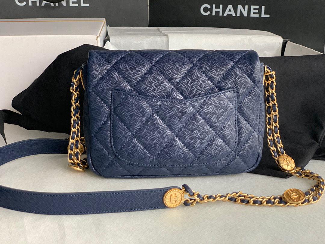 Chanel Small Flap Bag Shiny Calfskin Gold-Tone Metal AS3369 Navy Blue