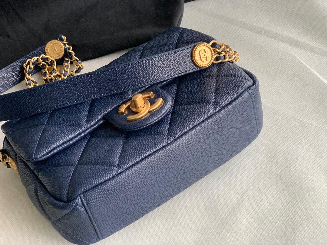Chanel Small Flap Bag Shiny Calfskin Gold-Tone Metal AS3369 Navy Blue