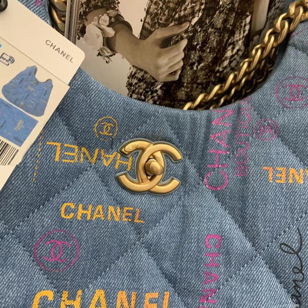 Chanel Maxi Hobo Bag AS3156 Printed denim gold-tone metal Blue