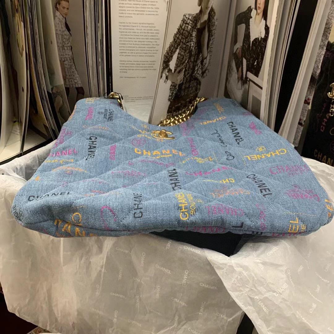 Chanel Maxi Hobo Bag AS3156 Printed denim gold-tone metal Blue