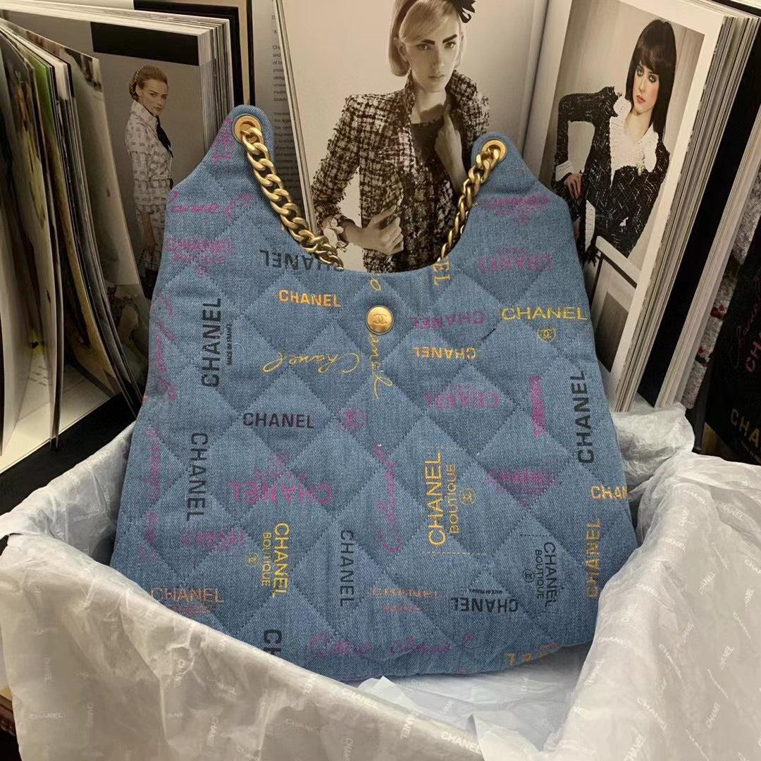 Chanel Maxi Hobo Bag AS3156 Printed denim gold-tone metal Blue