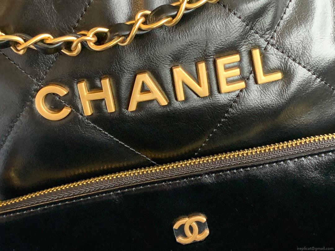 Chanel 22 Large Handbag Shiny Calfskin Gold-Tone Meta AS3262 Black