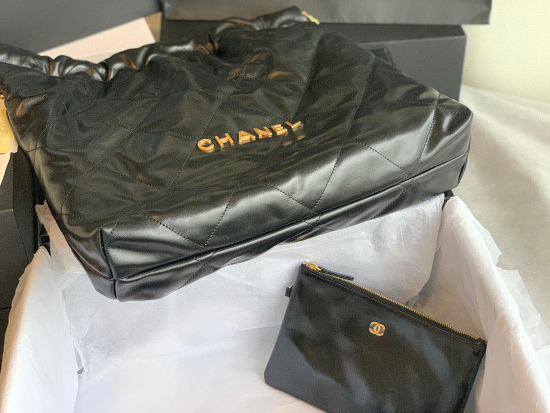 Chanel 22 Large Handbag Shiny Calfskin Gold-Tone Meta AS3262 Black