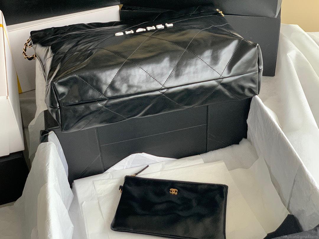 Chanel 22 Large Handbag Shiny Calfskin Lacquered Metal AS3262 Black Logo White
