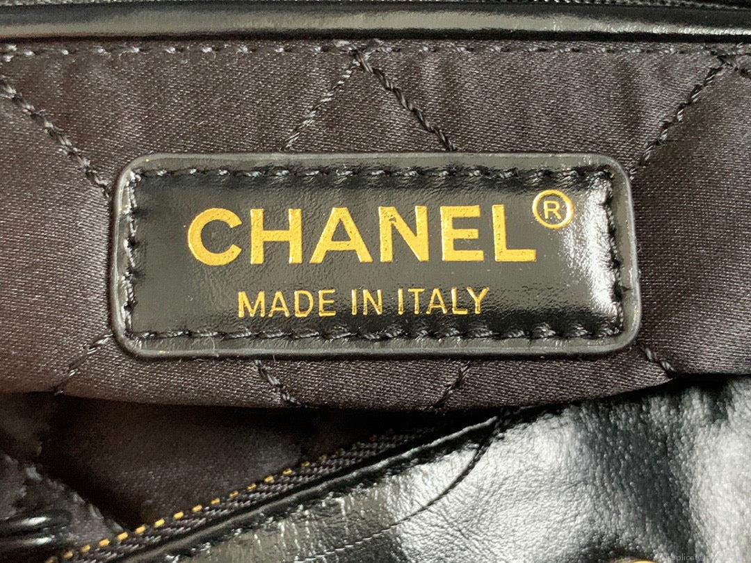 Chanel 22 Large Handbag Shiny Calfskin Lacquered Metal AS3262 Black Logo White