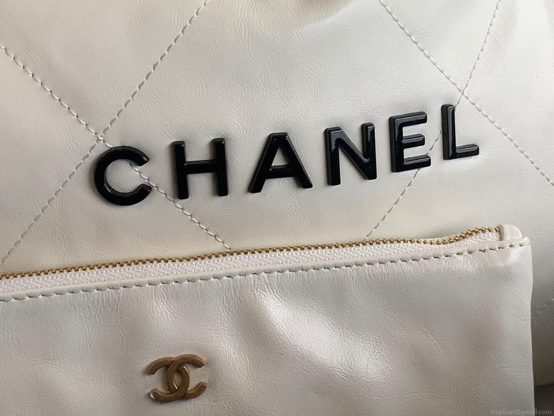 Chanel 22 Large Handbag Shiny Calfskin Lacquered Metal AS3262 White Logo Black