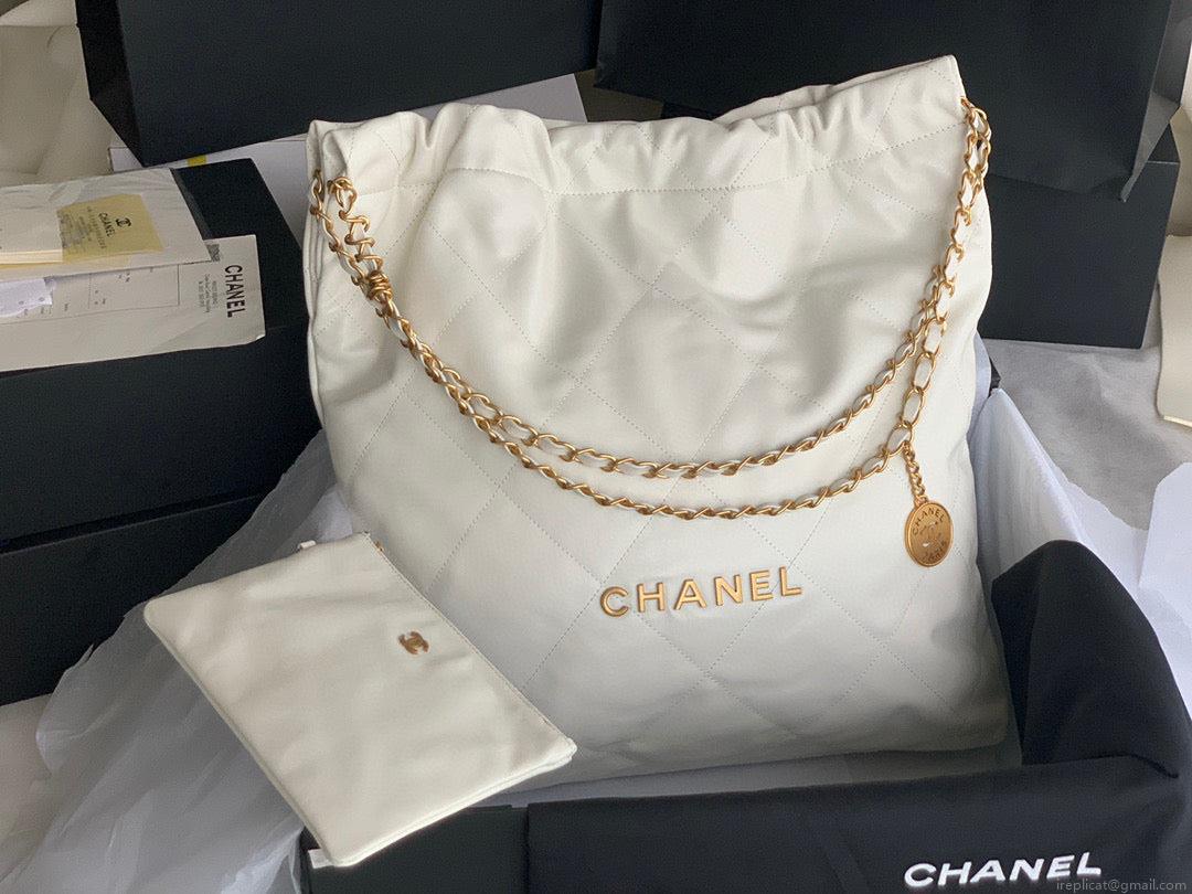 Chanel 22 Large Handbag Shiny Calfskin Gold-Tone Metal AS3262 White