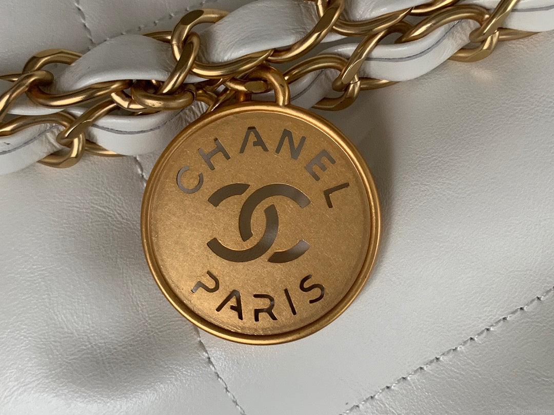 Chanel 22 Large Handbag Shiny Calfskin Gold-Tone Metal AS3262 White