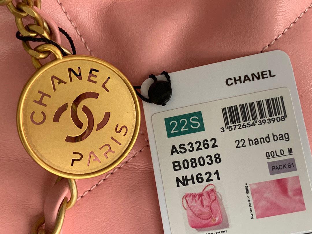 Chanel 22 Large Handbag Shiny Calfskin Gold-Tone Metal AS3262 Pink