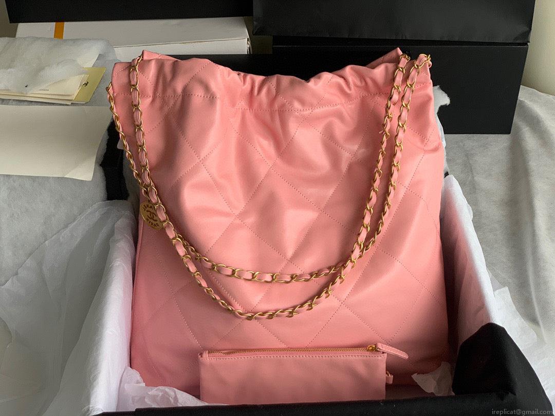 Chanel 22 Large Handbag Shiny Calfskin Gold-Tone Metal AS3262 Pink