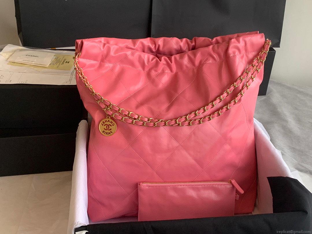 Chanel 22 Large Handbag Shiny Calfskin Gold-Tone Metal AS3262 Coral Pink