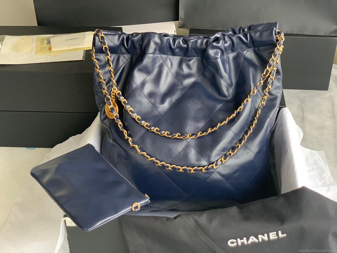 Chanel 22 Large Handbag Shiny Calfskin Gold-Tone Metal AS3262 Navy Blue