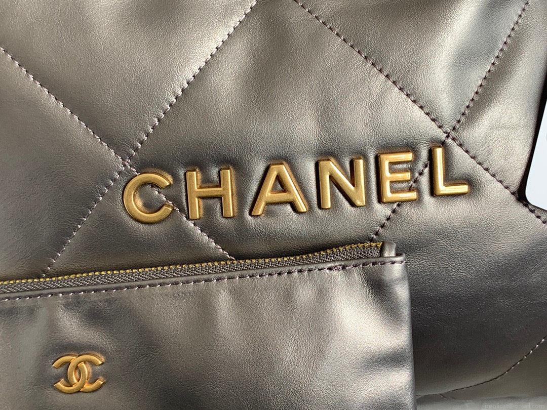 Chanel 22 Large Handbag Shiny Calfskin Gold-Tone Metal AS3262 Ruthenium