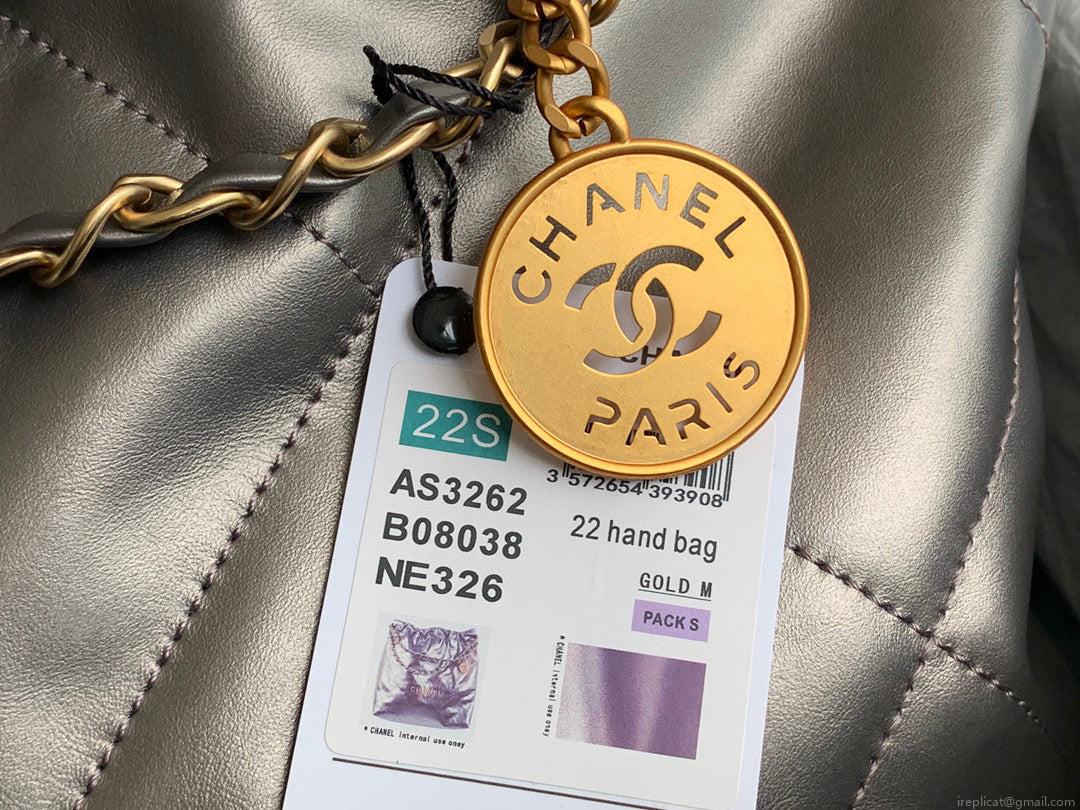 Chanel 22 Large Handbag Shiny Calfskin Gold-Tone Metal AS3262 Ruthenium