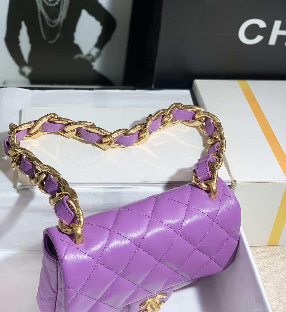 Chanel AS3214 Small Flap Bag Lambskin Gold-Tone Metal Purple