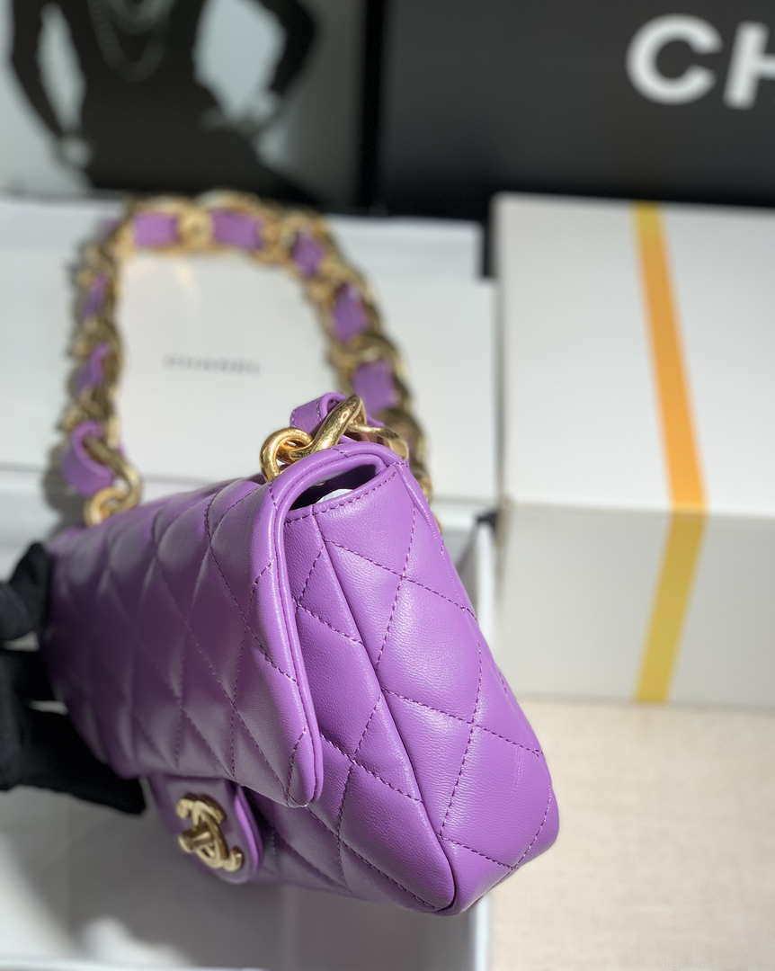 Chanel AS3214 Small Flap Bag Lambskin Gold-Tone Metal Purple