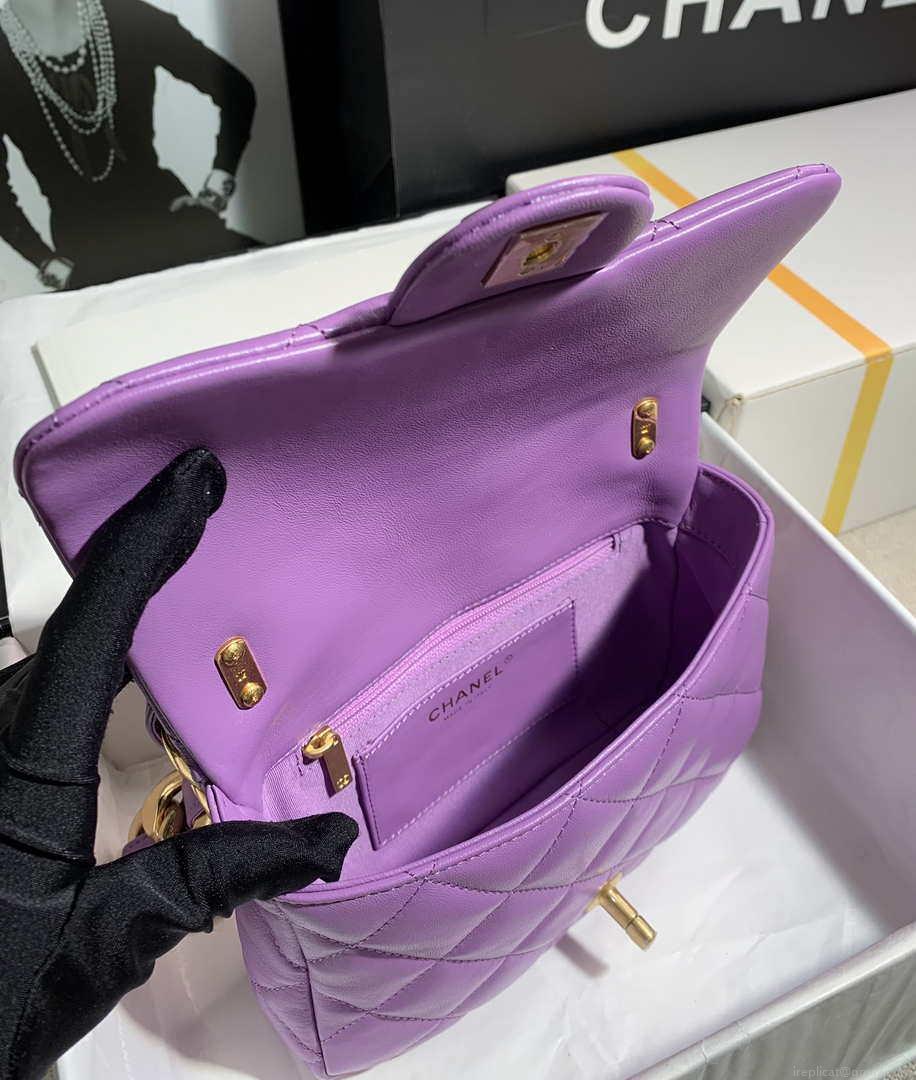 Chanel AS3214 Small Flap Bag Lambskin Gold-Tone Metal Purple