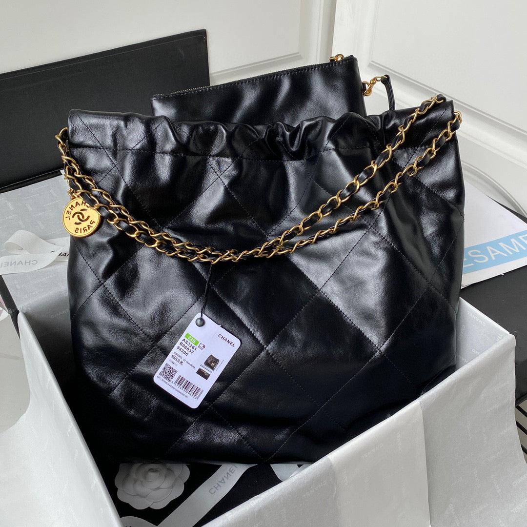 Chanel 22 Handbag AS3261 Shiny Calfskin Gold-Tone Metal Black Logo White