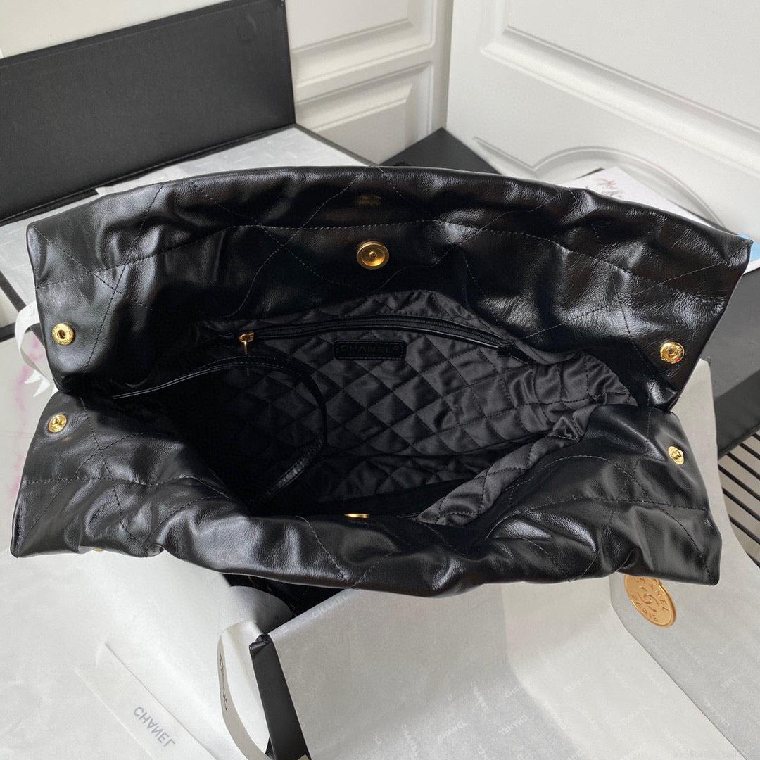Chanel 22 Handbag AS3261 Shiny Calfskin Gold-Tone Metal Black Logo White
