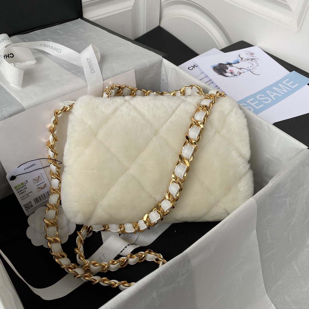 Chanel AS3499 Flap Bag Shearling White