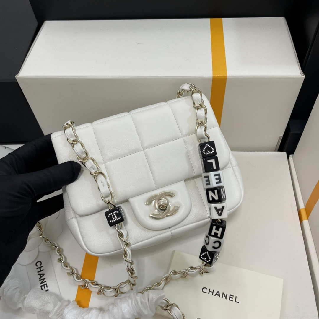 Chanel AS3744 Mini Flap Bag White Lambskin Resin & Gold-Tone Metal White