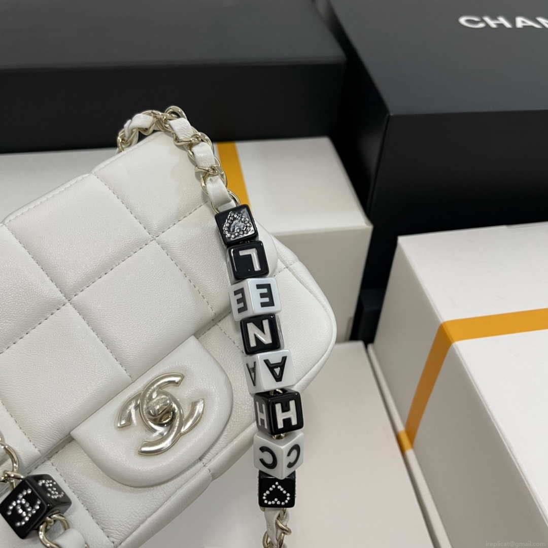 Chanel AS3744 Mini Flap Bag White Lambskin Resin & Gold-Tone Metal White