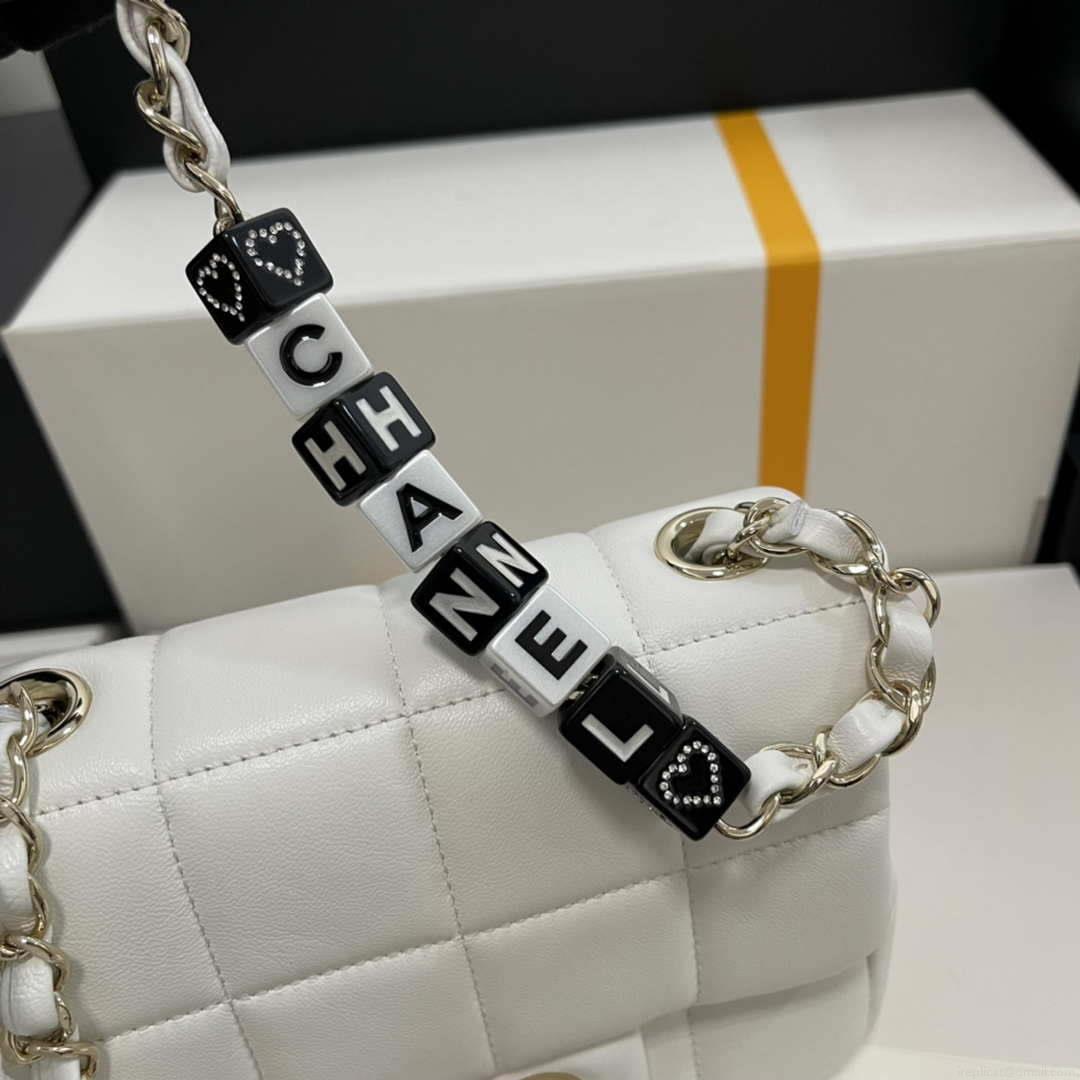 Chanel AS3744 Mini Flap Bag White Lambskin Resin & Gold-Tone Metal White