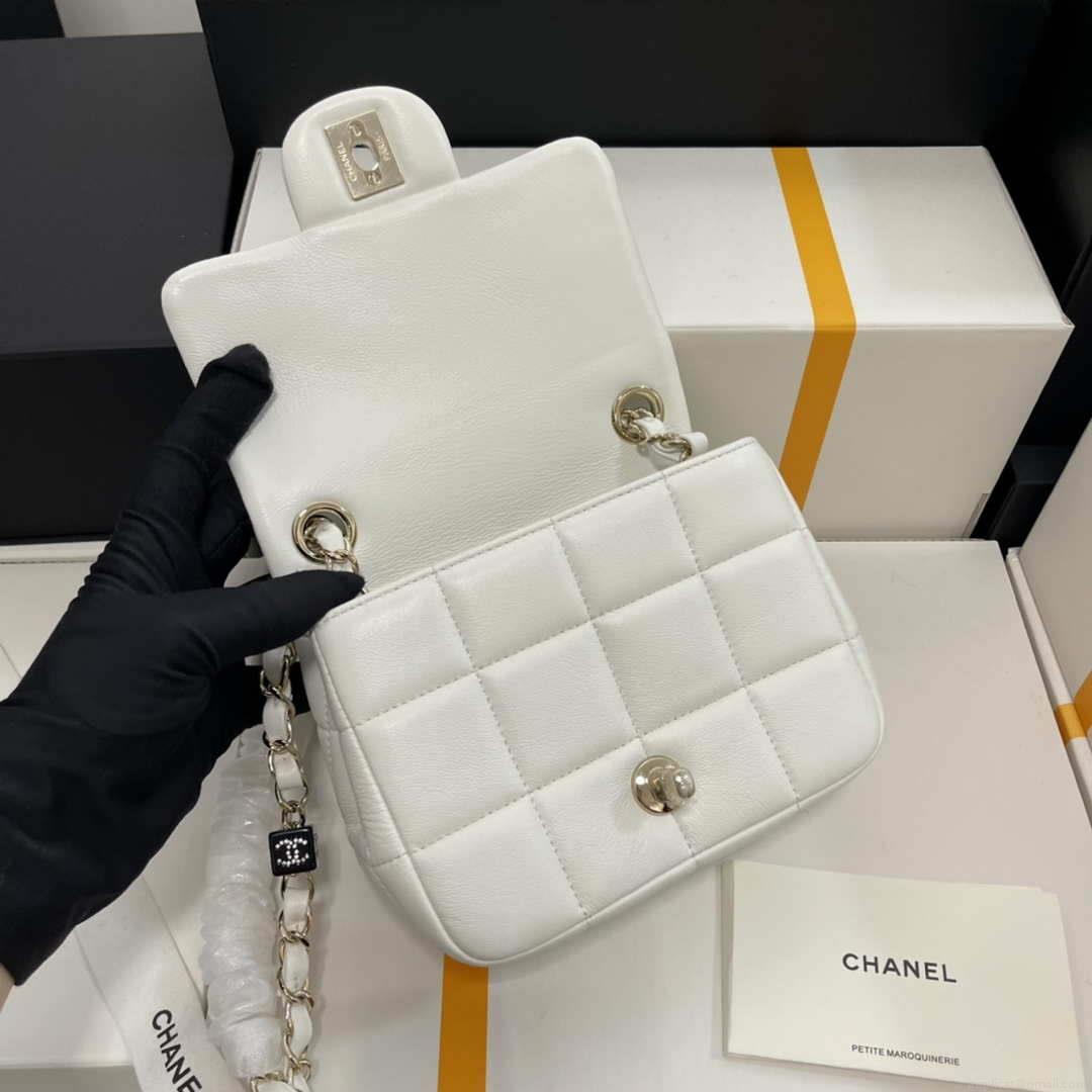 Chanel AS3744 Mini Flap Bag White Lambskin Resin & Gold-Tone Metal White
