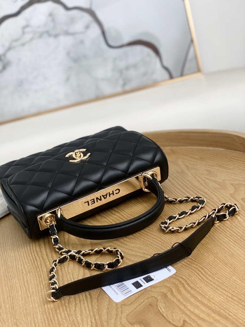 Chanel Small Trendy CC Flap Bag With Top Handle Lambskin bag A92236 Black Gold Round